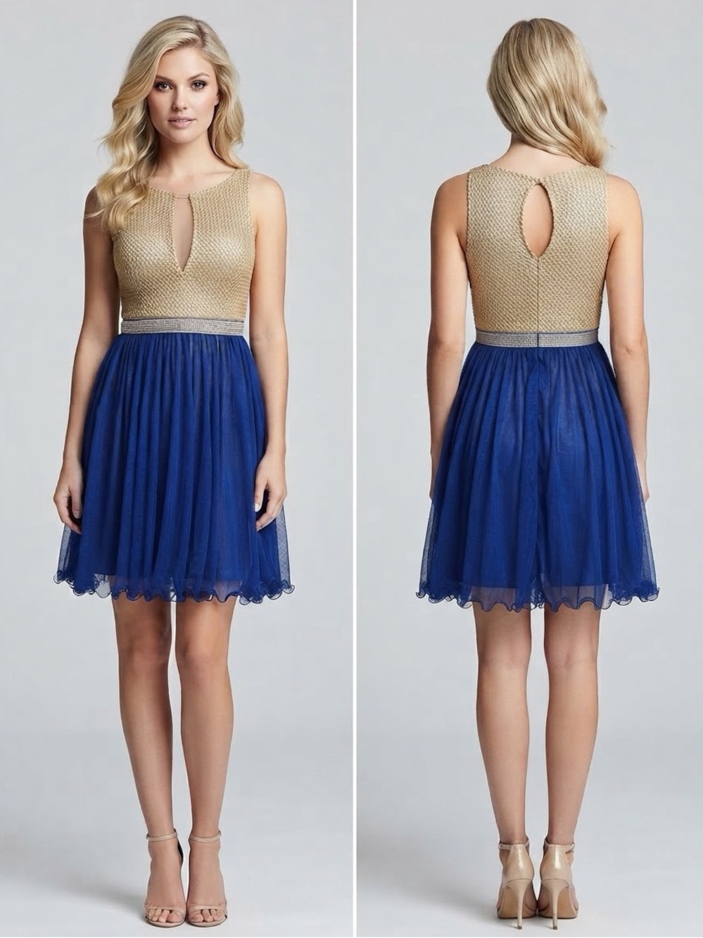 NEW Sleeveless Cocktail Dress Rhinestone Belt Gold Bodice Royal Blue Tulle Skirt